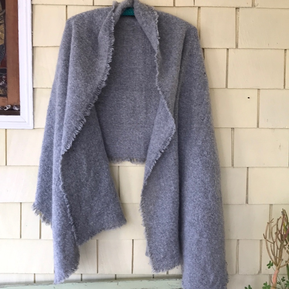 Fuzzy warm grey shawl/scarf/blanket/wrap w fringe